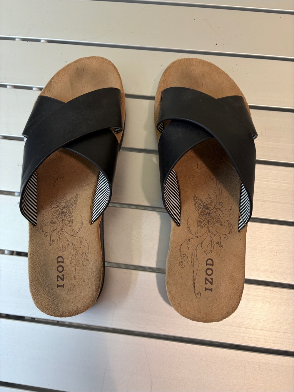 Izod Black Cross-Strap Slide Sandals with Tan Footbed